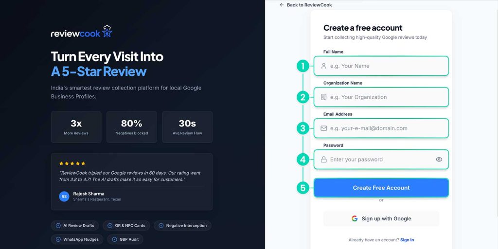 enter details to create free reviewcook account