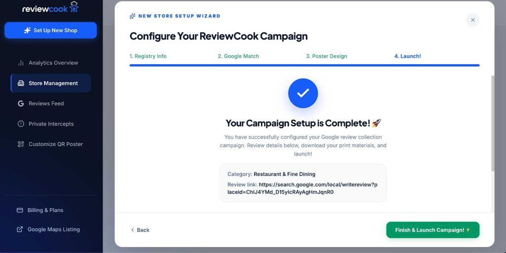 campaign setup complete reviewcook qr code